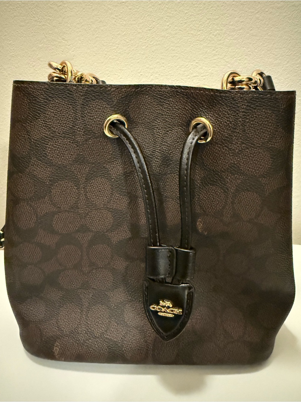 Coach Black Leather Drawstring Shoulder Bag with Gold Hardware